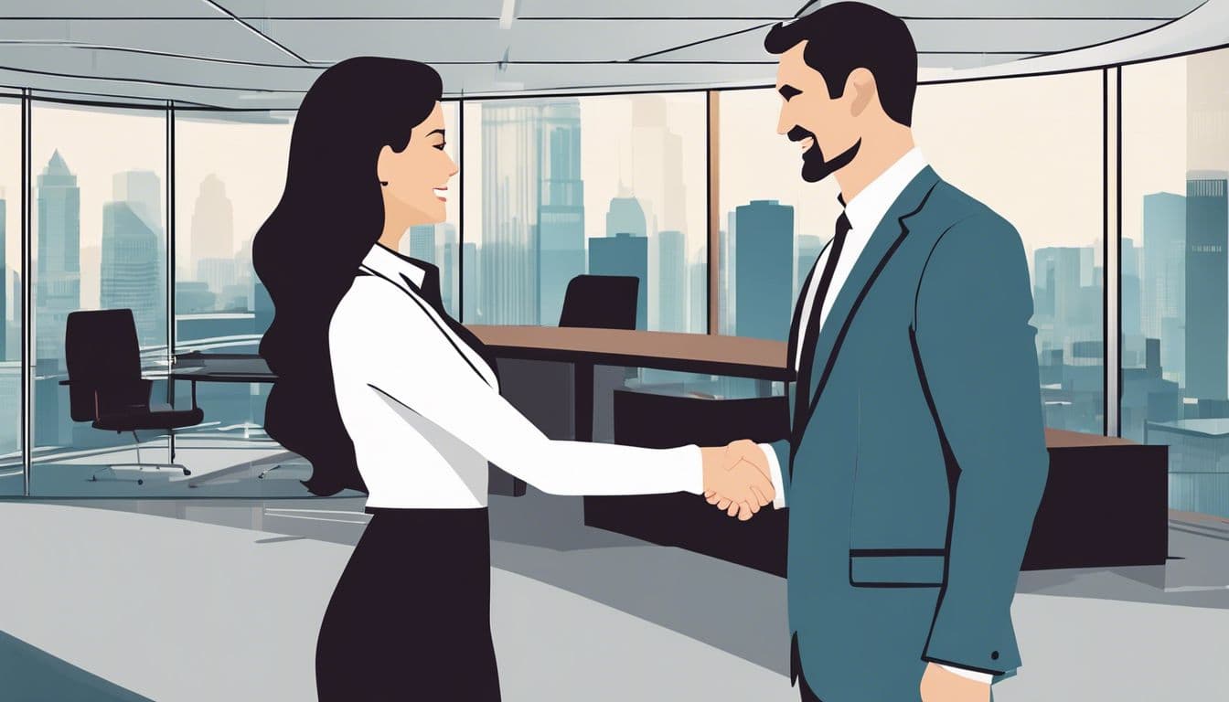 Een vrouwelijke zakelijke professional schudt handen met een nieuwe partner in een modern kantoor.