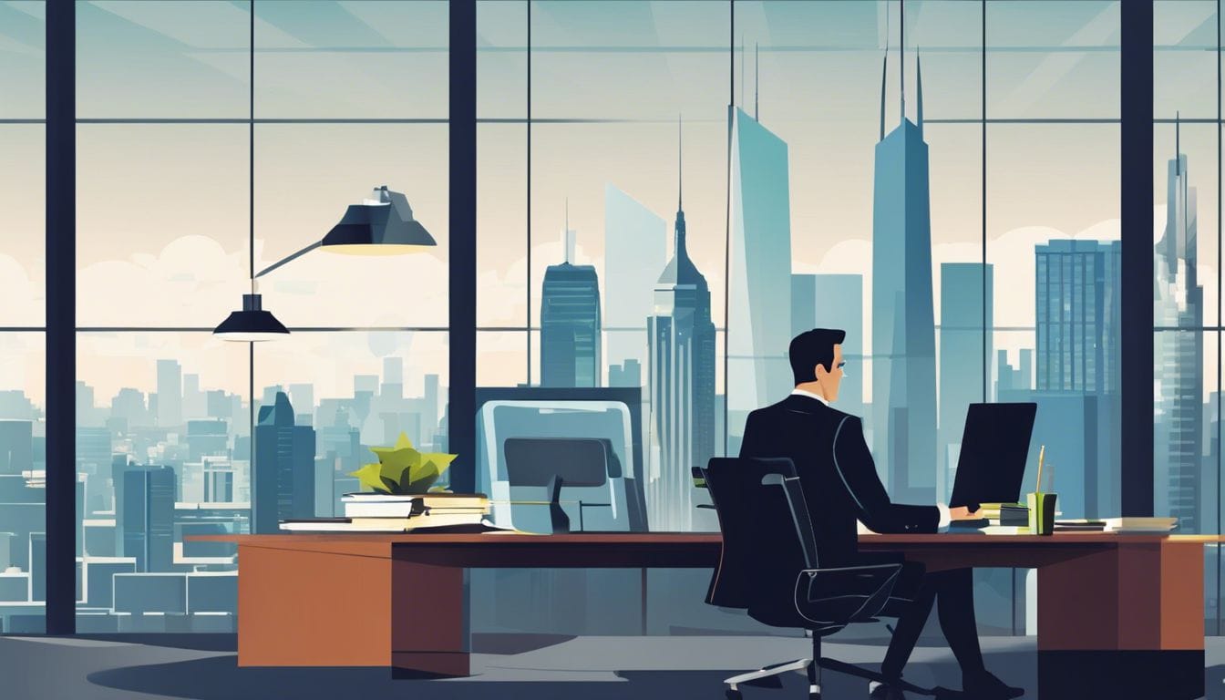 Een zakenman bekijkt financiële rapporten in modern kantoor met stadsgezicht. Een zakenman bekijkt financiële rapporten in modern kantoor met stadsgezicht.