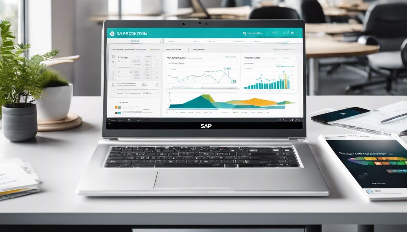 Een open laptop met de interface van het SAP Accounting Program op een modern bureau.