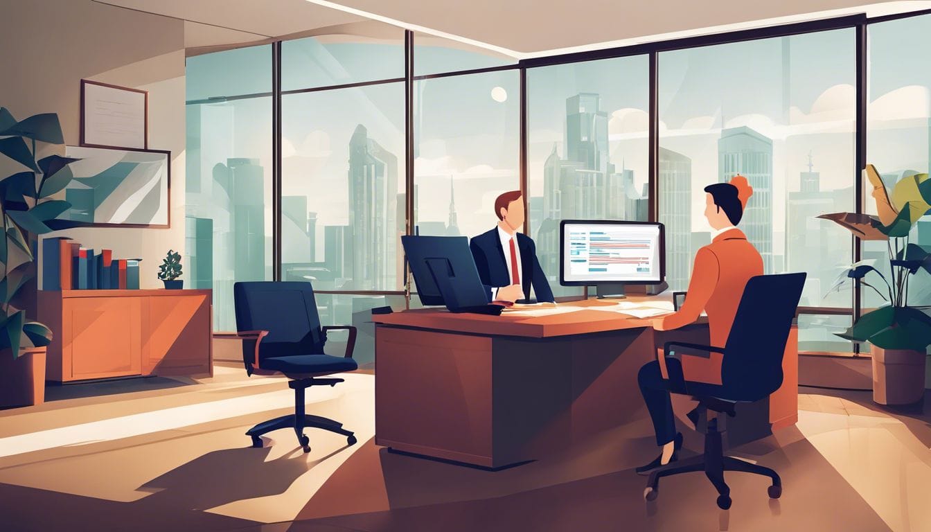 Een bedrijfseigenaar ontvangt financieel advies van een accountant in een net kantoor. Een bedrijfseigenaar ontvangt financieel advies van een accountant in een net kantoor.