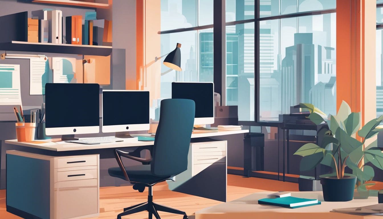 Een opgeruimde en professionele kantoorwerkruimte met een computer en documenten in een heldere, moderne omgeving.