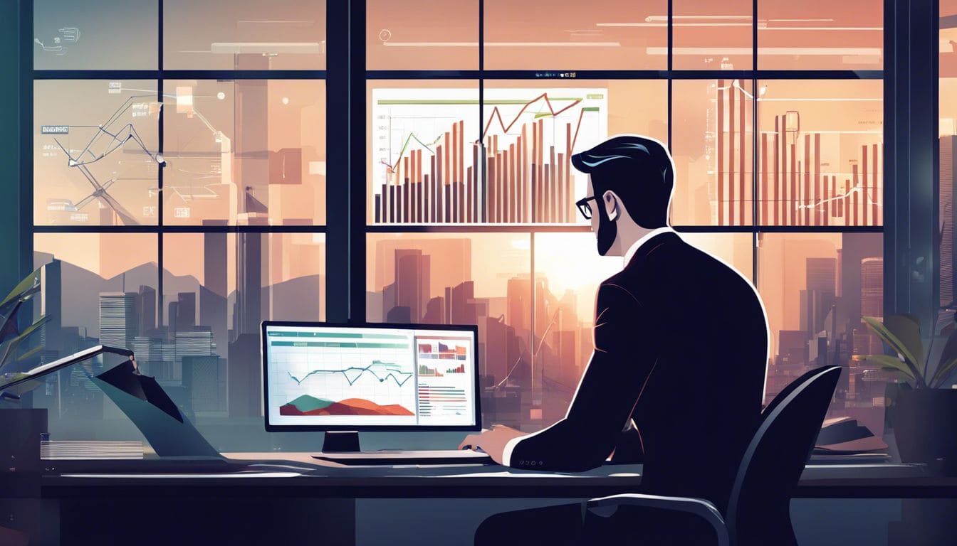 Financieel analist werkt in moderne kantooromgeving omringd door computerschermen.