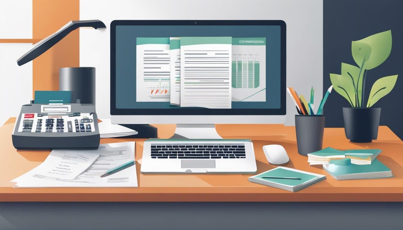 Een opgeruimd bureau met financi&euml;le documenten en georganiseerde boekhoudsoftware.