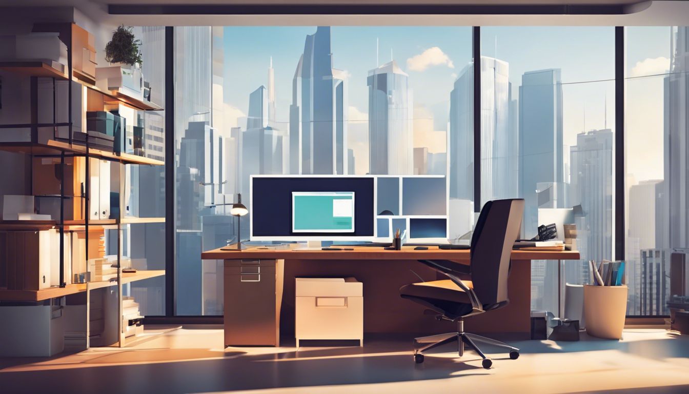 Een moderne, georganiseerde kantoorruimte met computer en stadslandschapsfoto's aan de muur.