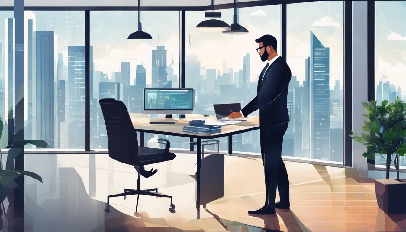 Een professionele accountant gebruikt moderne boekhoudsoftware in een strak kantoor met stadsgezicht.