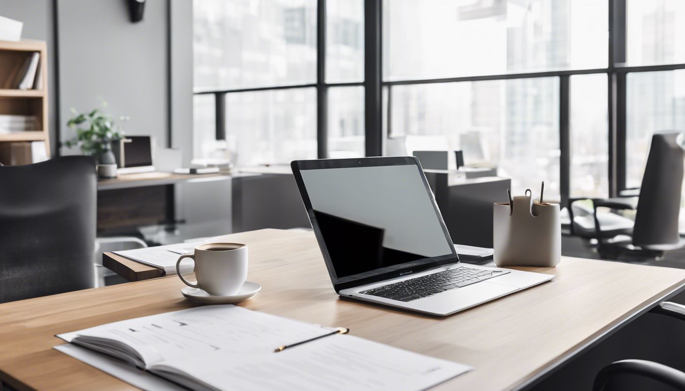 Een opgeruimd kantoor met financi&euml;le documenten, een laptop en koffie.