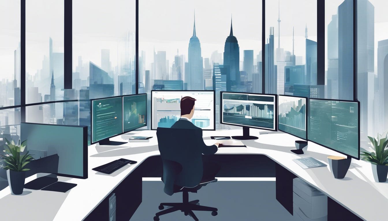 Een moderne kantooromgeving met een officemanager die financi&euml;le gegevens analyseert.