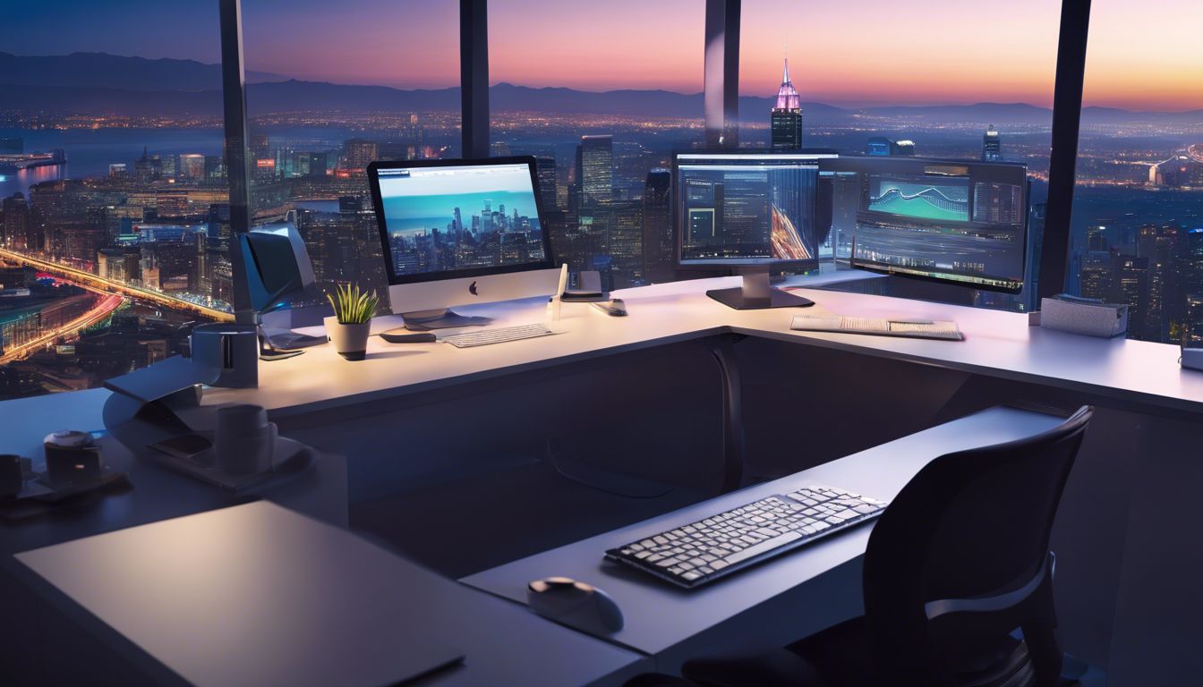 Een moderne en stijlvolle kantoorwerkplek met Octopus Accounting software en uitzicht op een bruisende stad bij schemering.