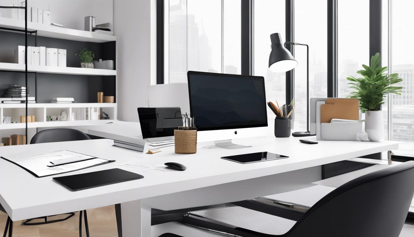 Iemand gebruikt online boekhoudsoftware op een laptop in een modern kantoor.