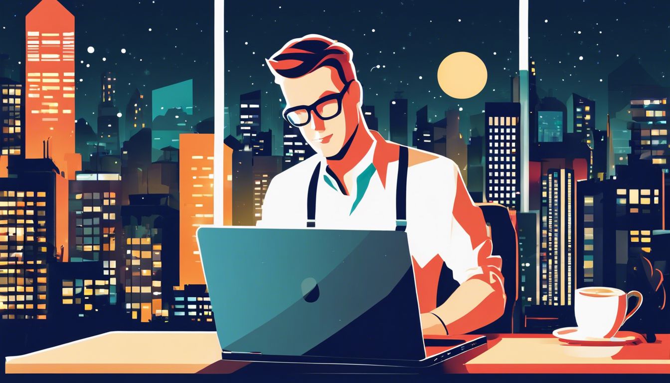 Een zakeneigenaar werkt op zijn laptop met een stadsgezicht op de achtergrond. Een zakeneigenaar werkt op zijn laptop met een stadsgezicht op de achtergrond.