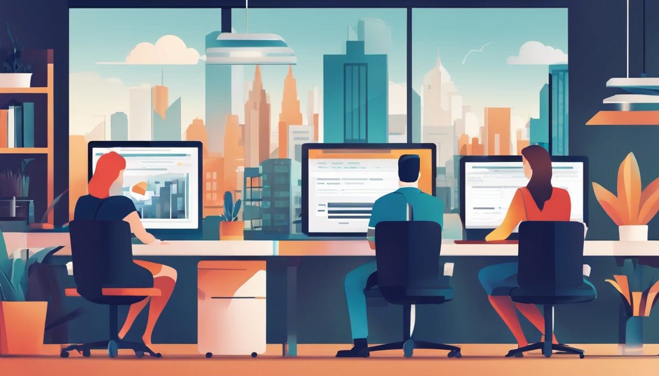 Een groep geestelijke gezondheidsprofessionals werkt op hun computers. Een groep geestelijke gezondheidsprofessionals werkt op hun computers.