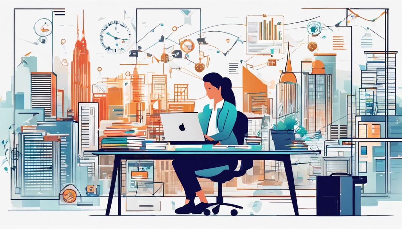 Een boekhouder werkt effici&euml;nt met open-source boekhoudsoftware te midden van financi&euml;le documenten en stadsgezichten.