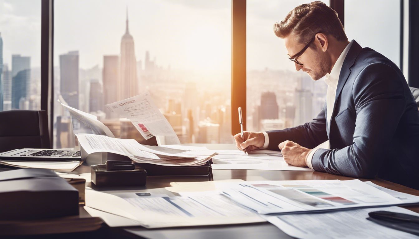 Een zakeneigenaar bestudeert financiële documenten aan een goed verlicht bureau in een stadslandschap. Een zakeneigenaar bestudeert financiële documenten aan een goed verlicht bureau in een stadslandschap.