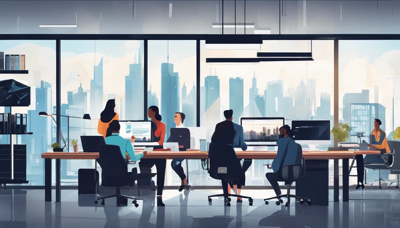 Een groep werknemers werkt samen in een moderne kantooromgeving met stadsgezicht.
