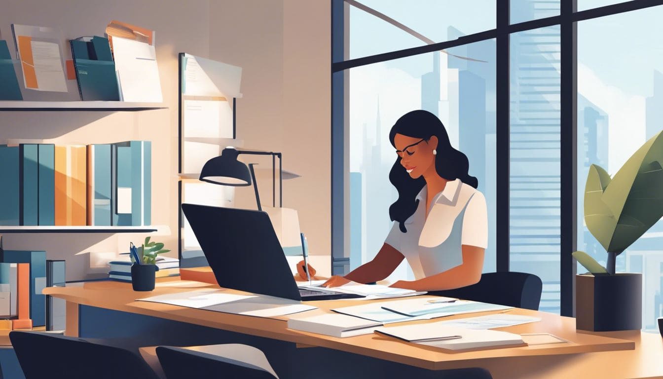 Een persoon organiseert projectdocumenten op een modern bureau in een goed verlicht kantoor.