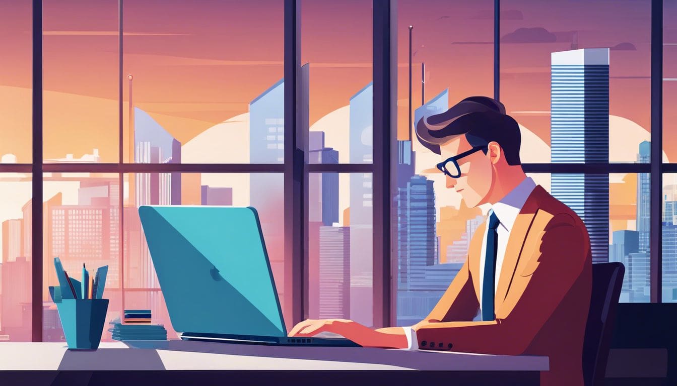 Persoon werkt aan boekhoudtaken op laptop in modern kantoor.