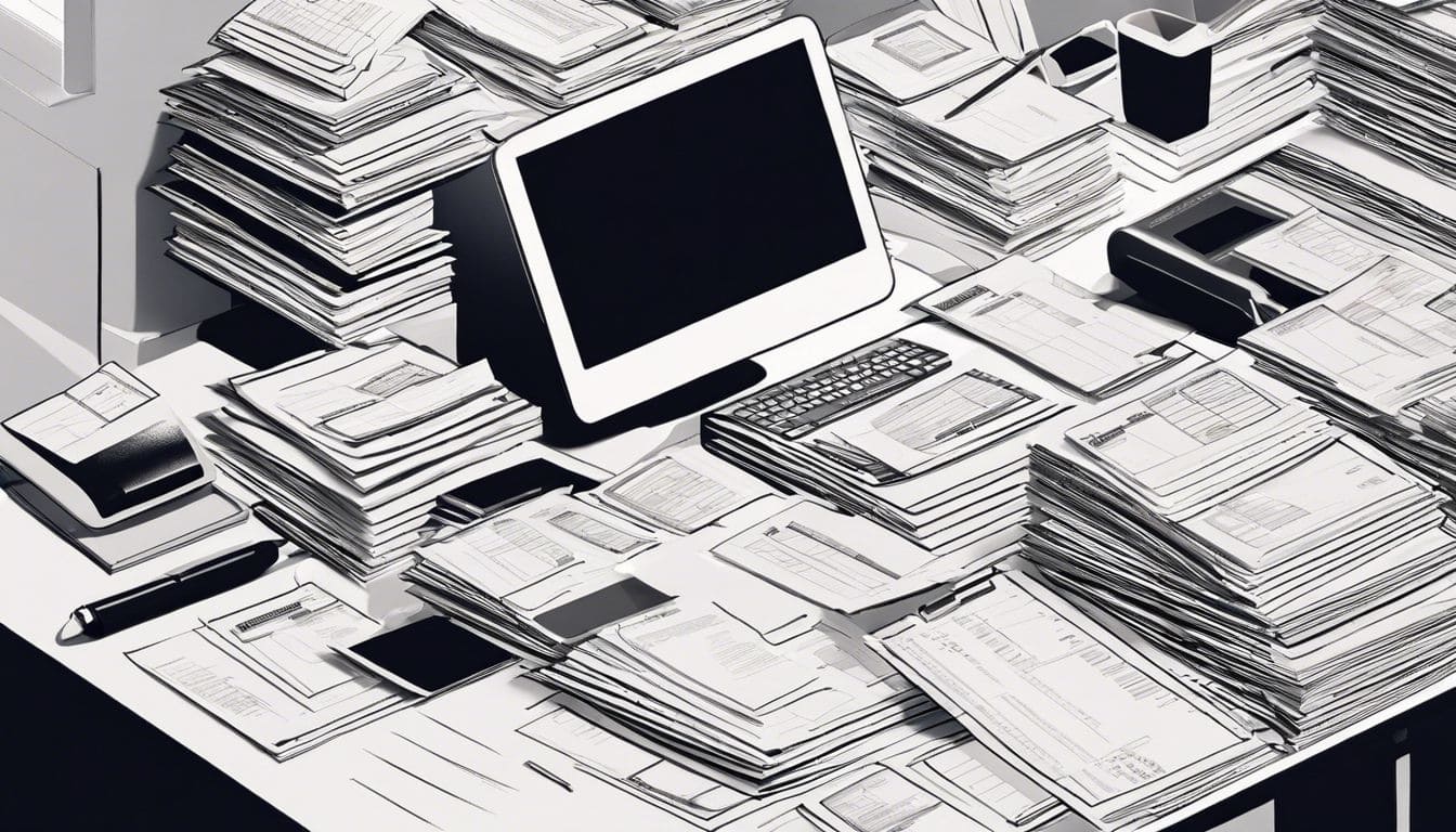 Een stapel facturen en bonnetjes op een bureau in een druk kantoor.