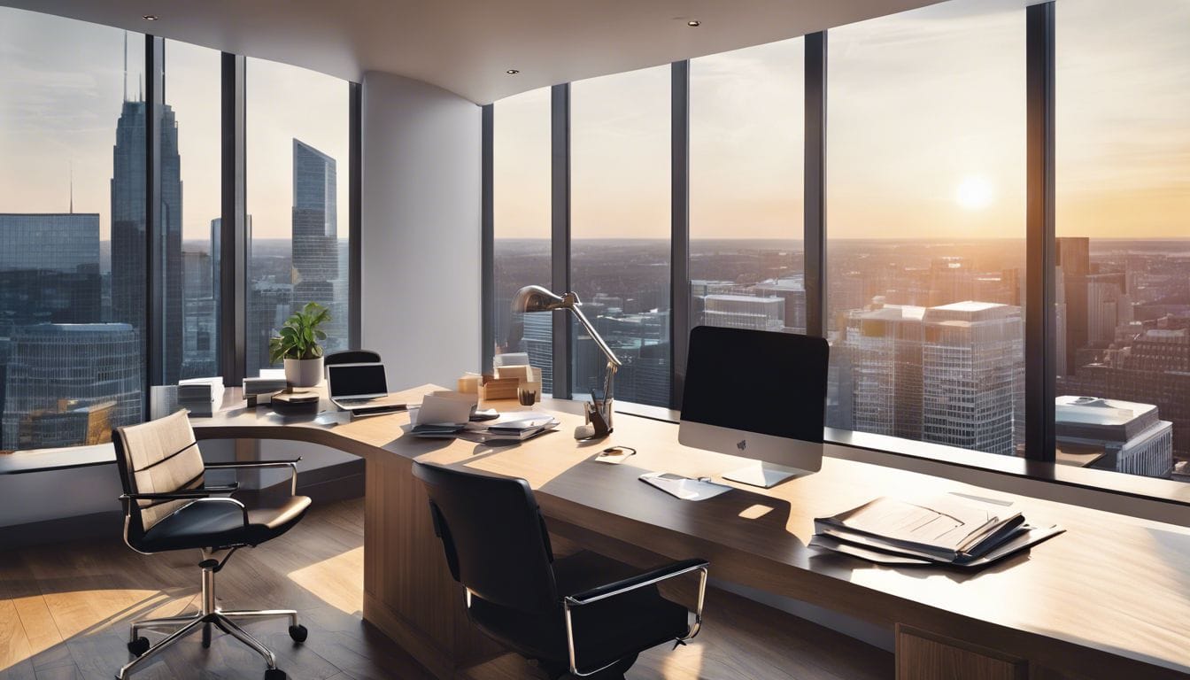 Een professioneel kantoor met georganiseerde financiële documenten en stadsgezichtenfotografie. Een professioneel kantoor met georganiseerde financiële documenten en stadsgezichtenfotografie.