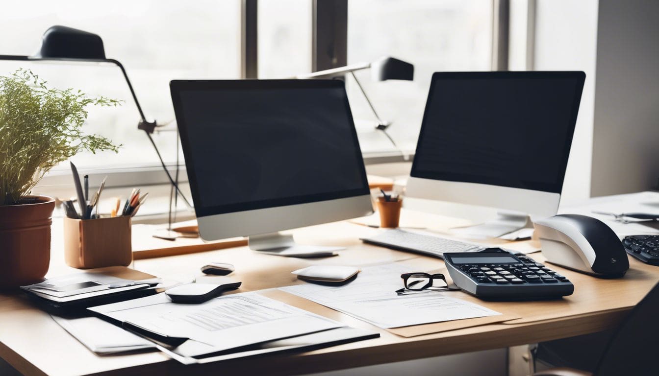 Een opgeruimd en georganiseerd kantoor met computer en berekeningen. Een opgeruimd en georganiseerd kantoor met computer en berekeningen.