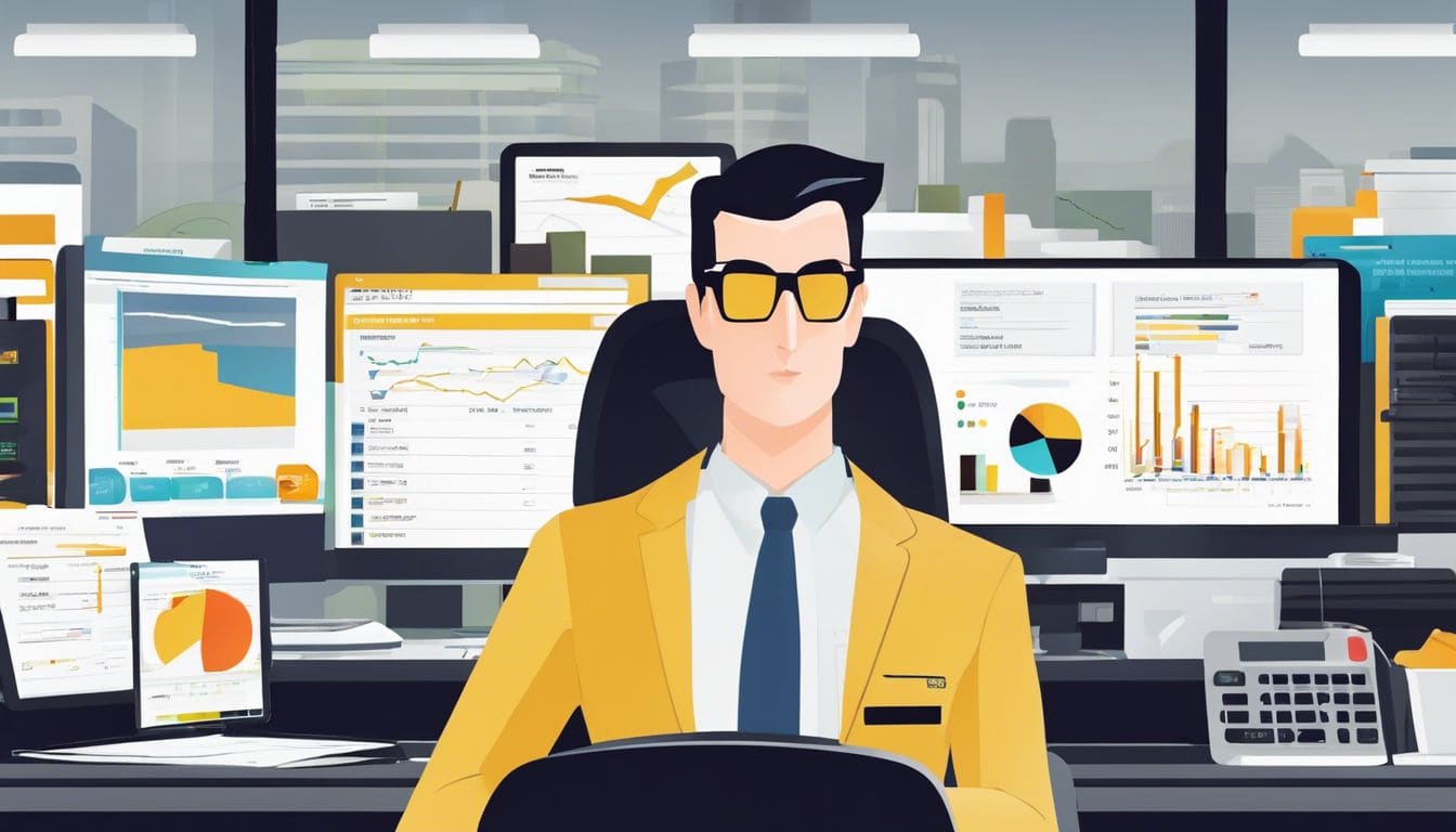 Een taxichauffeur organiseert financi&euml;le gegevens op een modern kantoor.