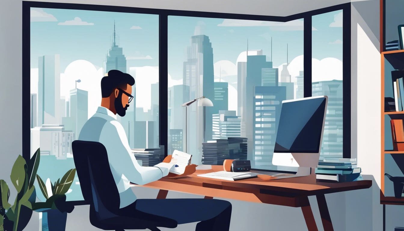 Persoon werkt thuis op online boekhoudprogramma, met stadsgezicht door raam.