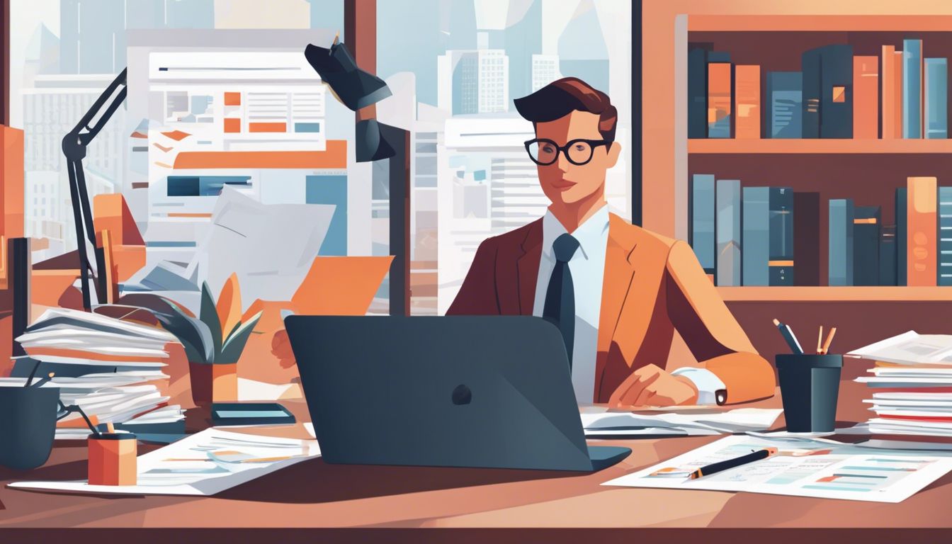 Een accountant werkt omgeven door financi&euml;le documenten en stadsfotografie.