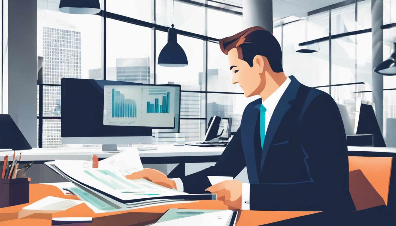 Een zakenman bekijkt financiële documenten in moderne kantoorruimte. Een zakenman bekijkt financiële documenten in moderne kantoorruimte.