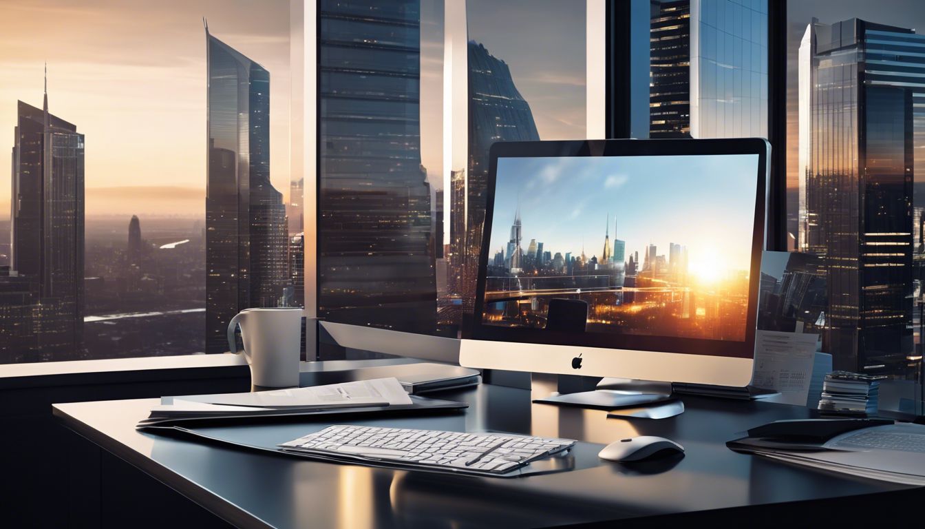 Een strak en modern kantoorbureau met computer en stadsgezicht.