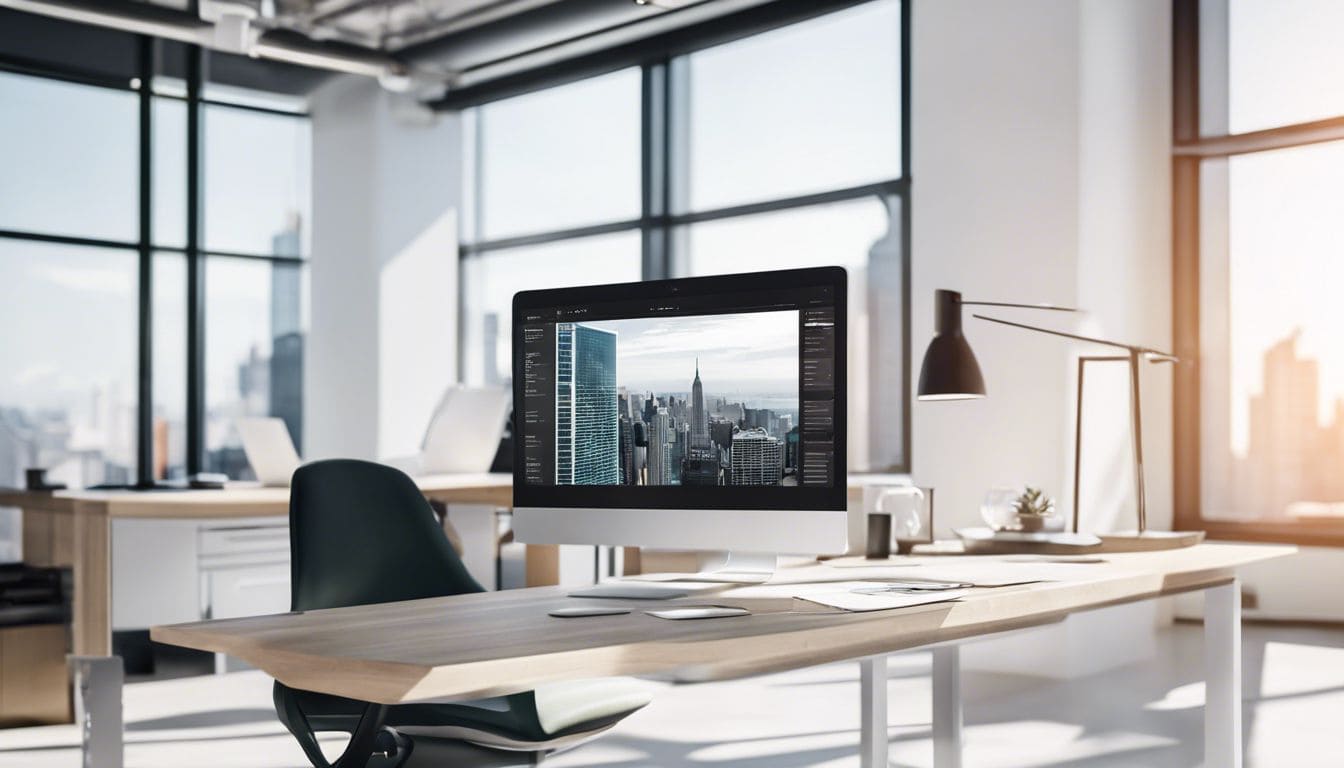 Een modern kantoorbureau met geordende financi&euml;le documenten en stadsgezichten.