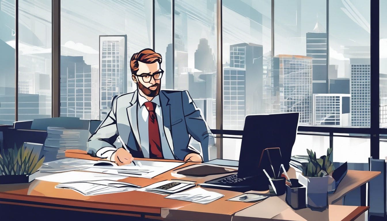 Een vastgoedmanager werkt in een modern kantoor aan huuradministratie.