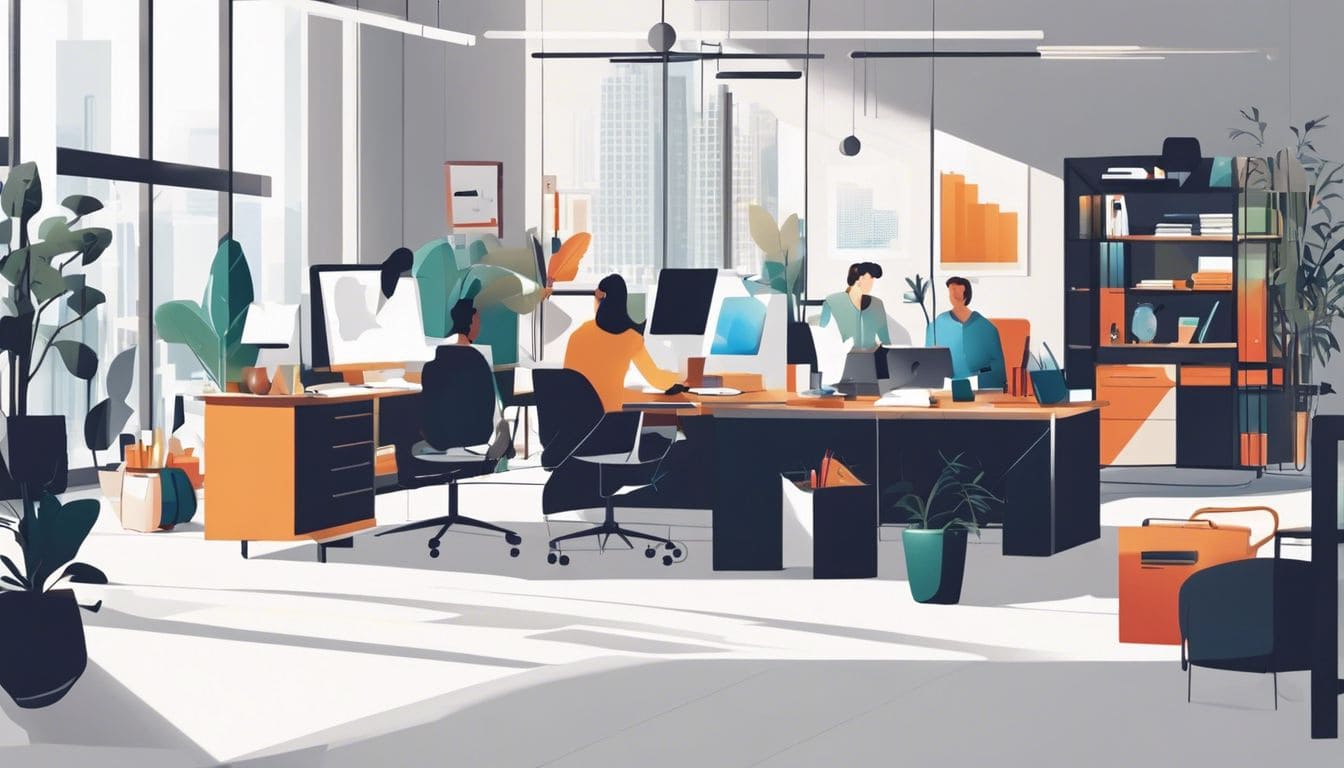 Een groep collega’s bespreekt werkroosters in een moderne kantooromgeving. Een groep collega's bespreekt werkroosters in een moderne kantooromgeving.