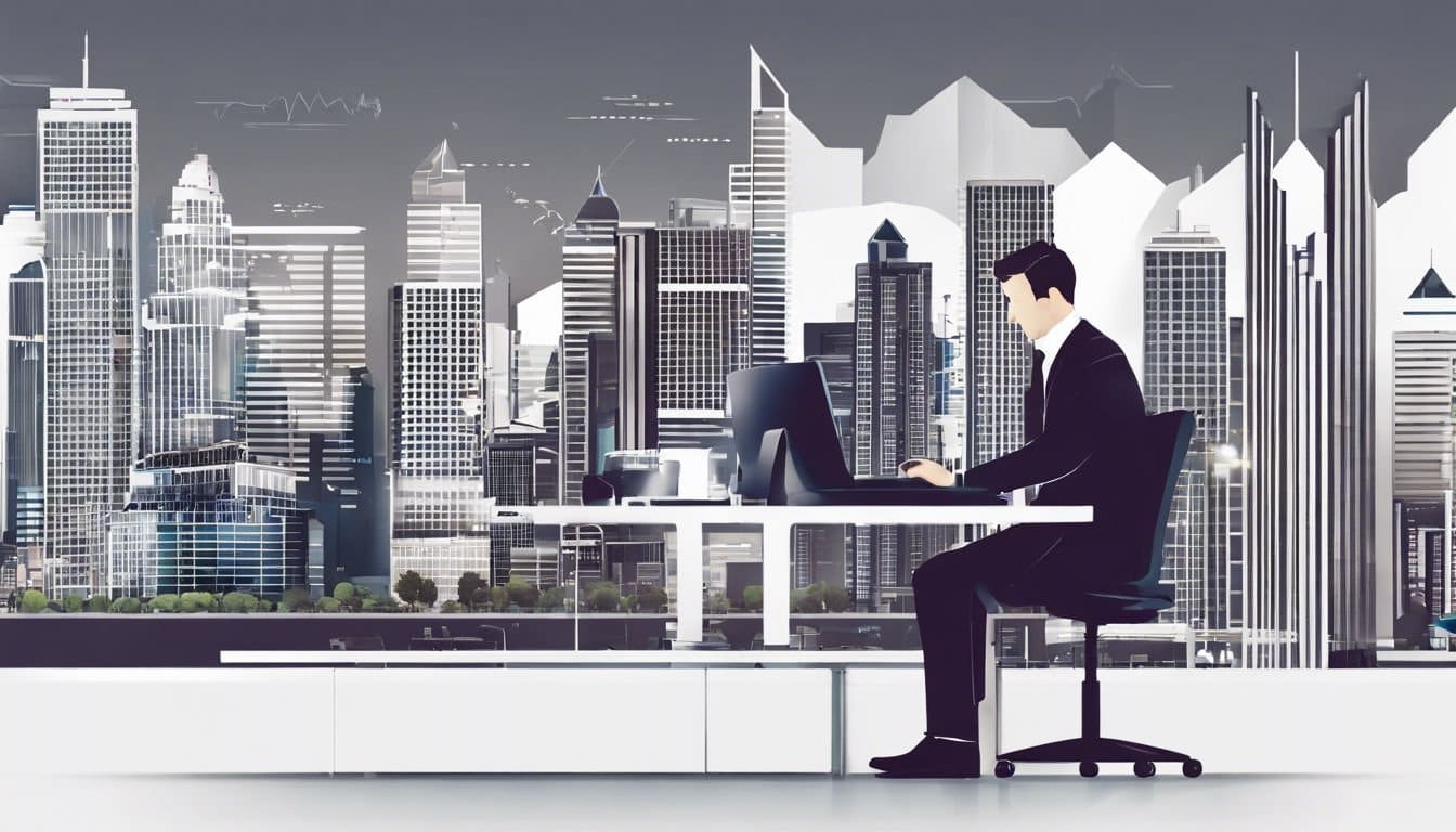 Persoon organiseert financi&euml;le documenten met stad op achtergrond.