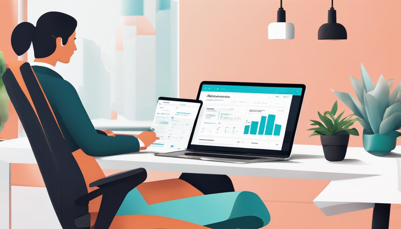 Een persoon gebruikt Xero accounting software op een laptop in een moderne kantooromgeving.