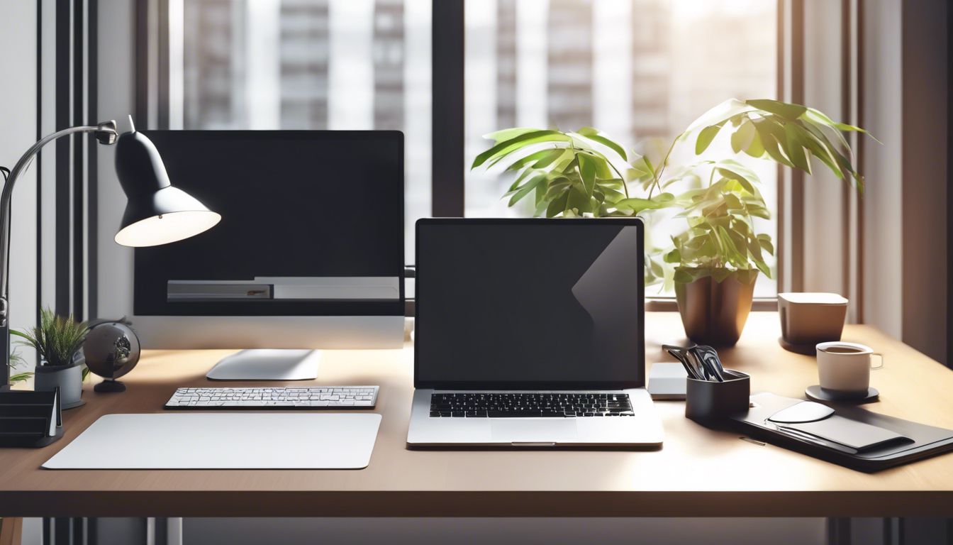 Een moderne, georganiseerde kantoorwerkplek met minimalistisch design en productieve sfeer.