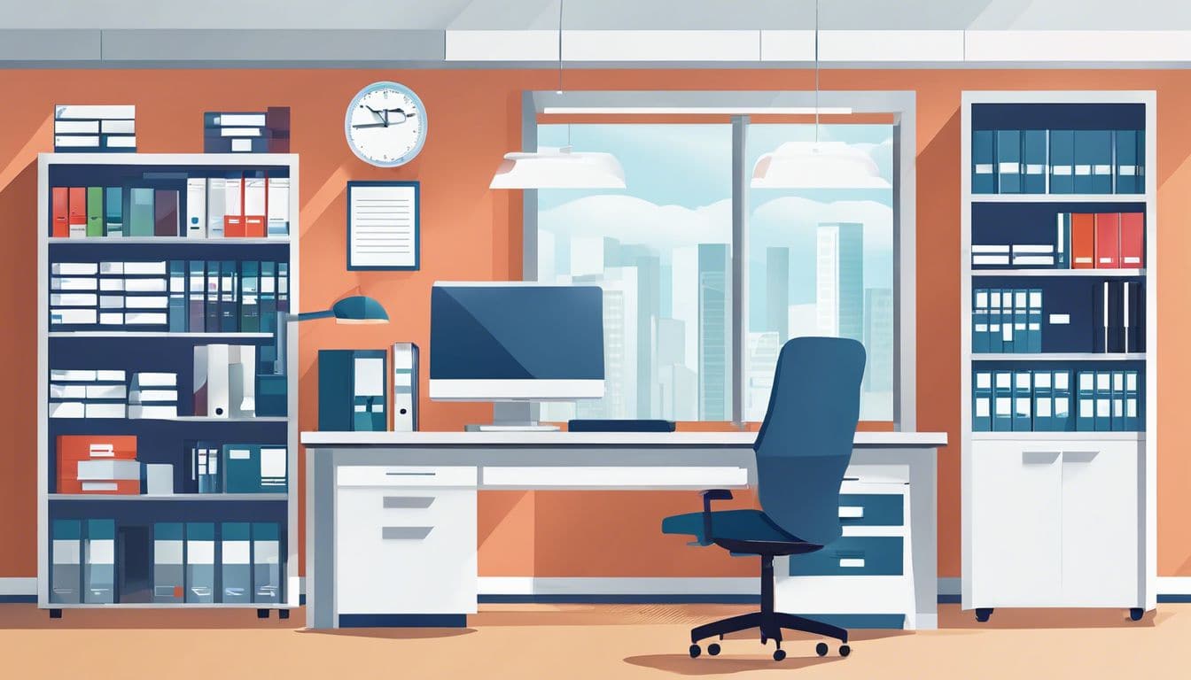 Een goed georganiseerd ziekenhuisadministratief bureau met medische dossiers en een computer. Een goed georganiseerd ziekenhuisadministratief bureau met medische dossiers en een computer.