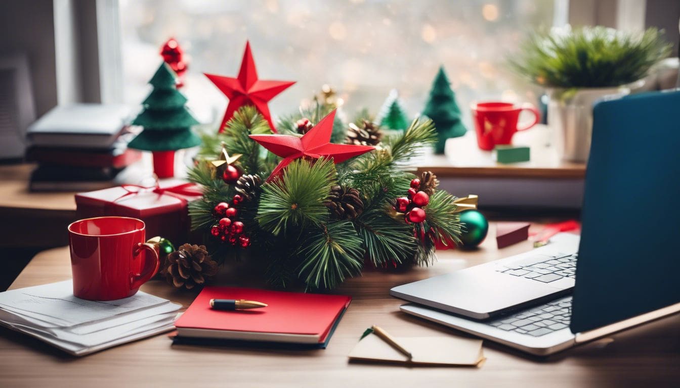 Een opgeruimd bureau met een vrolijke kerstversiering in kantooromgeving. Een opgeruimd bureau met een vrolijke kerstversiering in kantooromgeving.