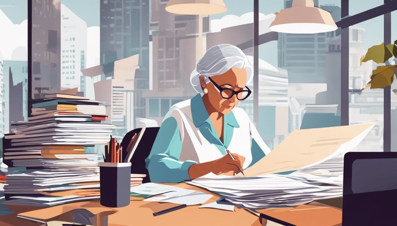 Een ouder echtpaar zit geconcentreerd aan een rommelig bureau met papierwerk. Een ouder echtpaar zit geconcentreerd aan een rommelig bureau met papierwerk.