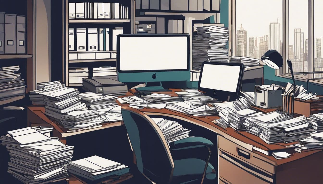 Een stapel papierwerk en kantoorbenodigdheden op een rommelig bureau. Een stapel papierwerk en kantoorbenodigdheden op een rommelig bureau.