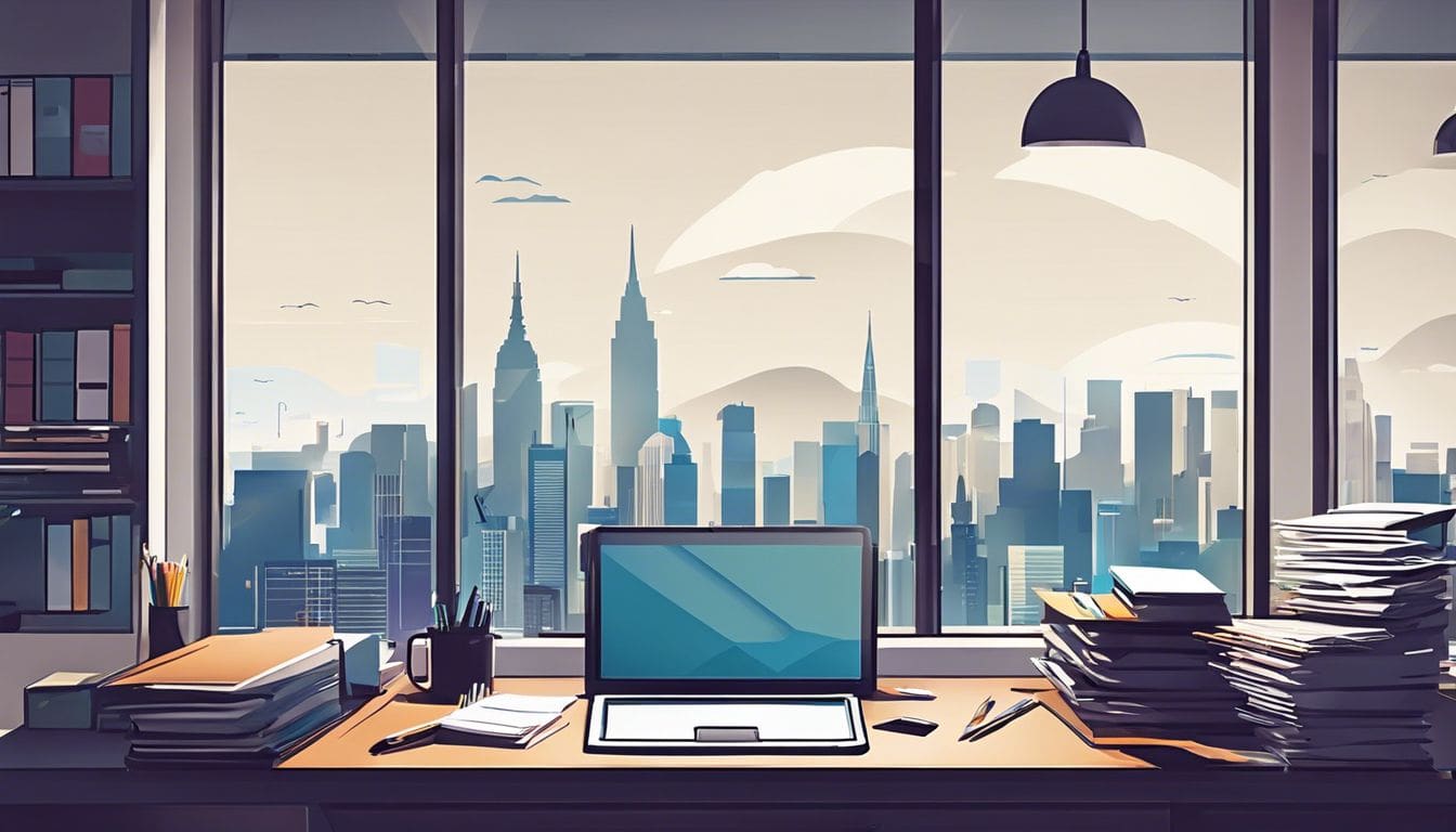 Een opgeruimd bureau met kantoorbenodigdheden en stadsgezichtachtergrond straalt productiviteit uit.