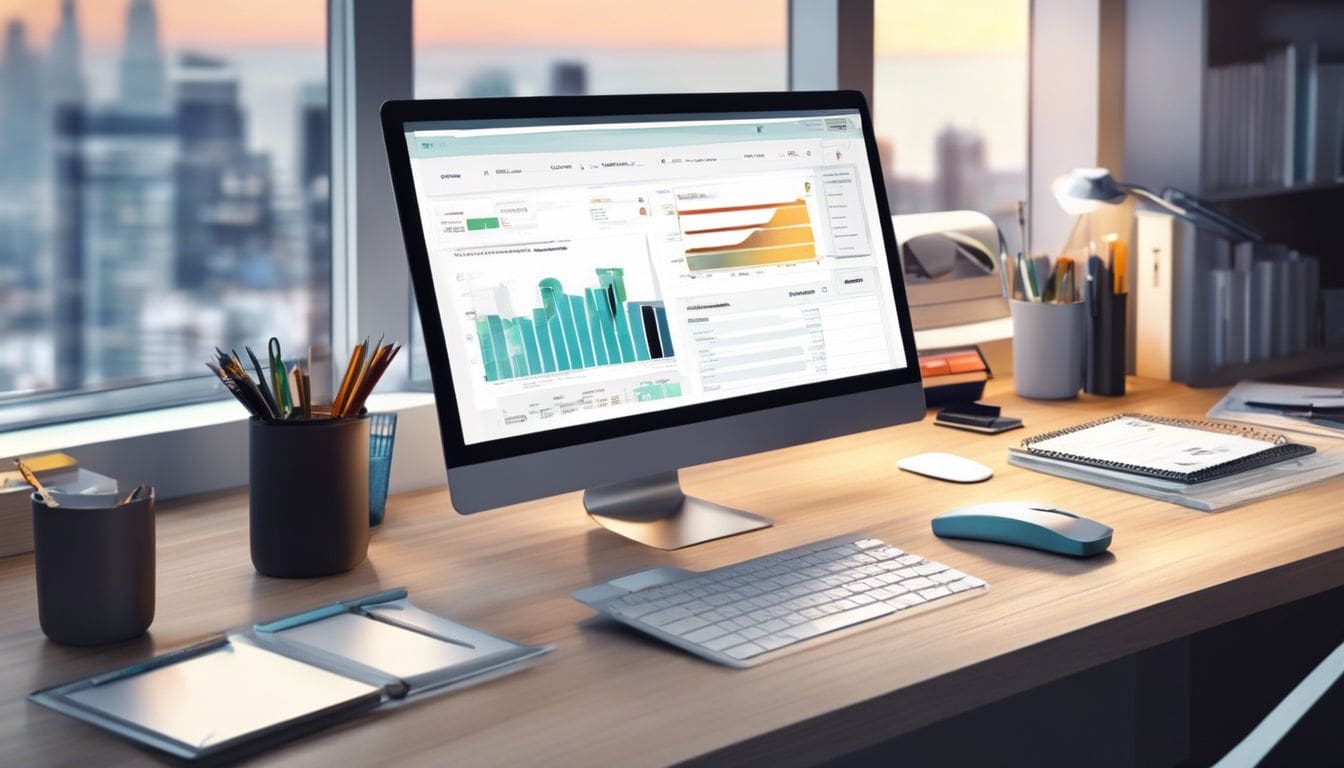 Een netjes georganiseerd kantoor met financiële documenten en boekhoudsoftware. Een netjes georganiseerd kantoor met financiële documenten en boekhoudsoftware.