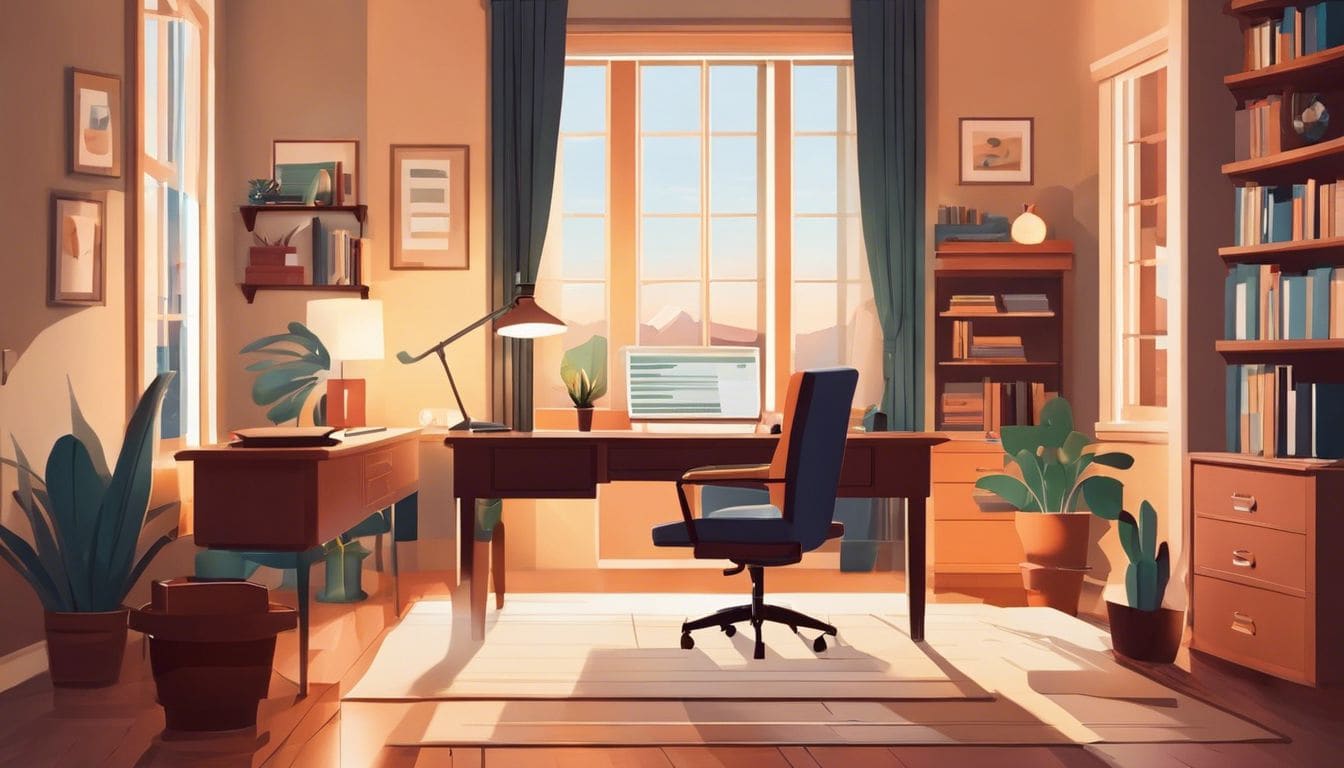 Een persoon controleert een huurcontract in een comfortabel thuiskantoor.