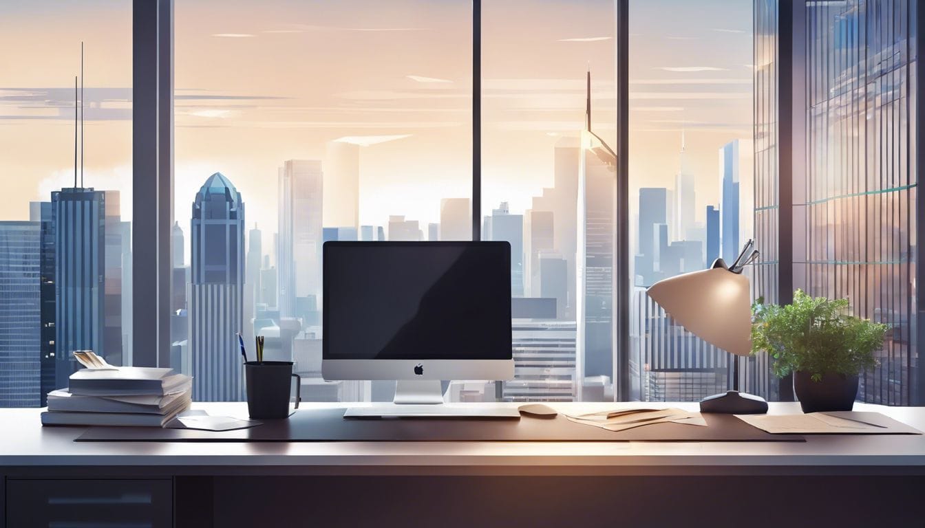 Een geopend rekeningenboek op een net bureau in een modern kantoor.