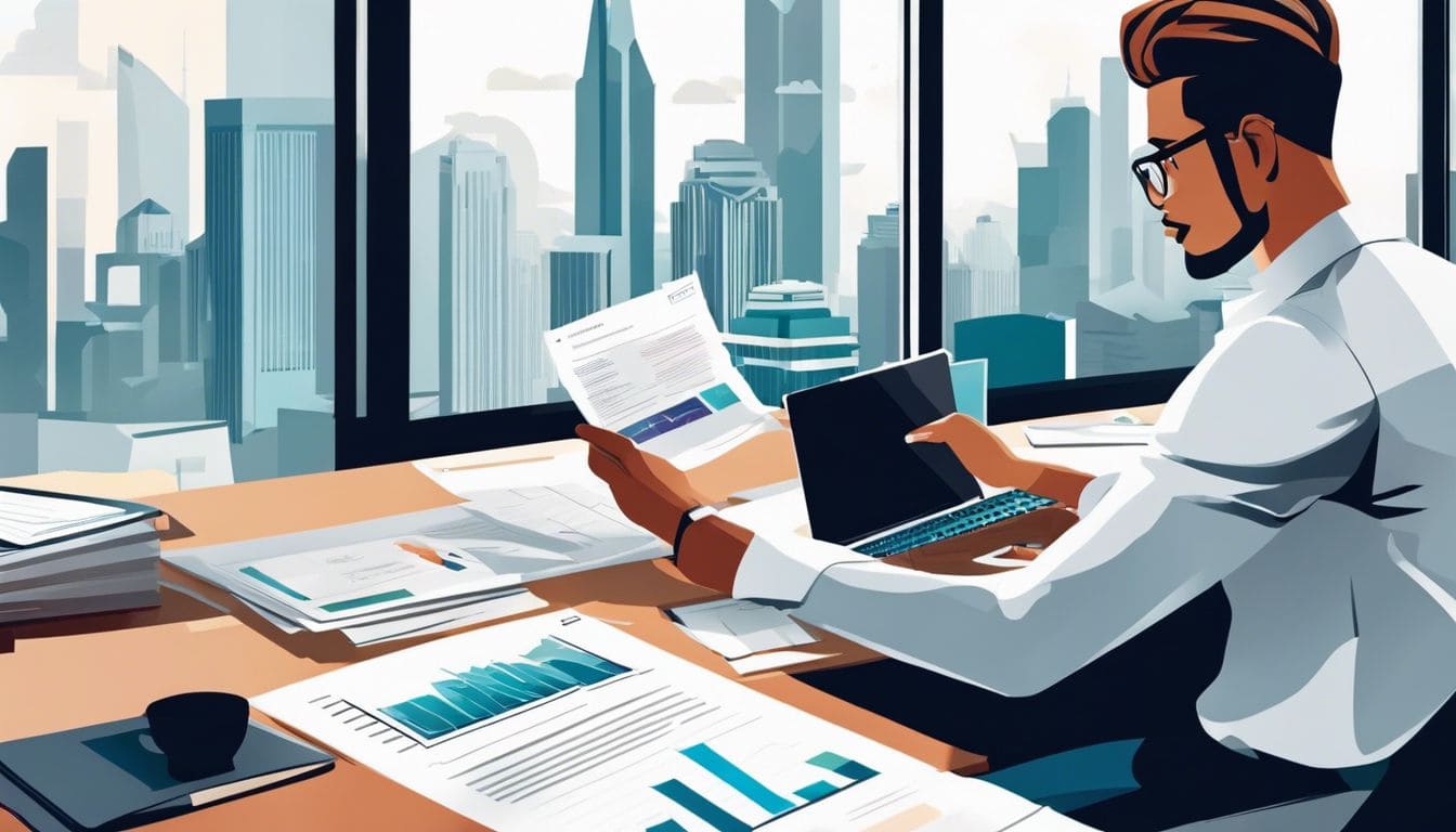 Een ondernemer bekijkt financi&euml;le documenten in een modern kantoor.