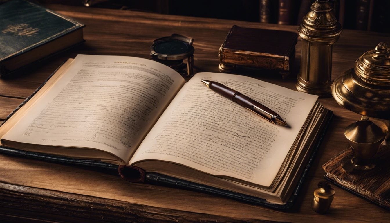 Een vintage boekhoudboek en een pen op een houten bureau. Een vintage boekhoudboek en een pen op een houten bureau.