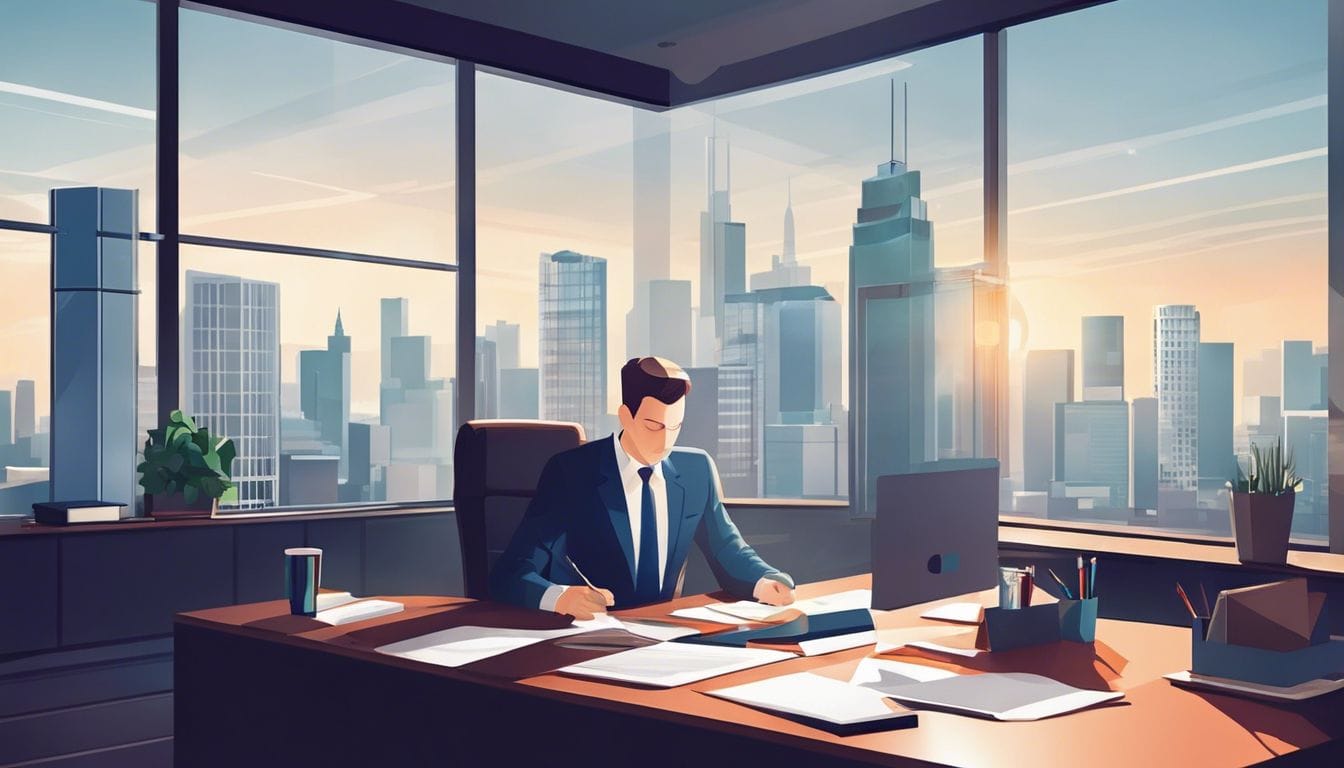 Een zakelijke eigenaar analyseert financi&euml;le gegevens in een modern kantoor met uitzicht op de stad.