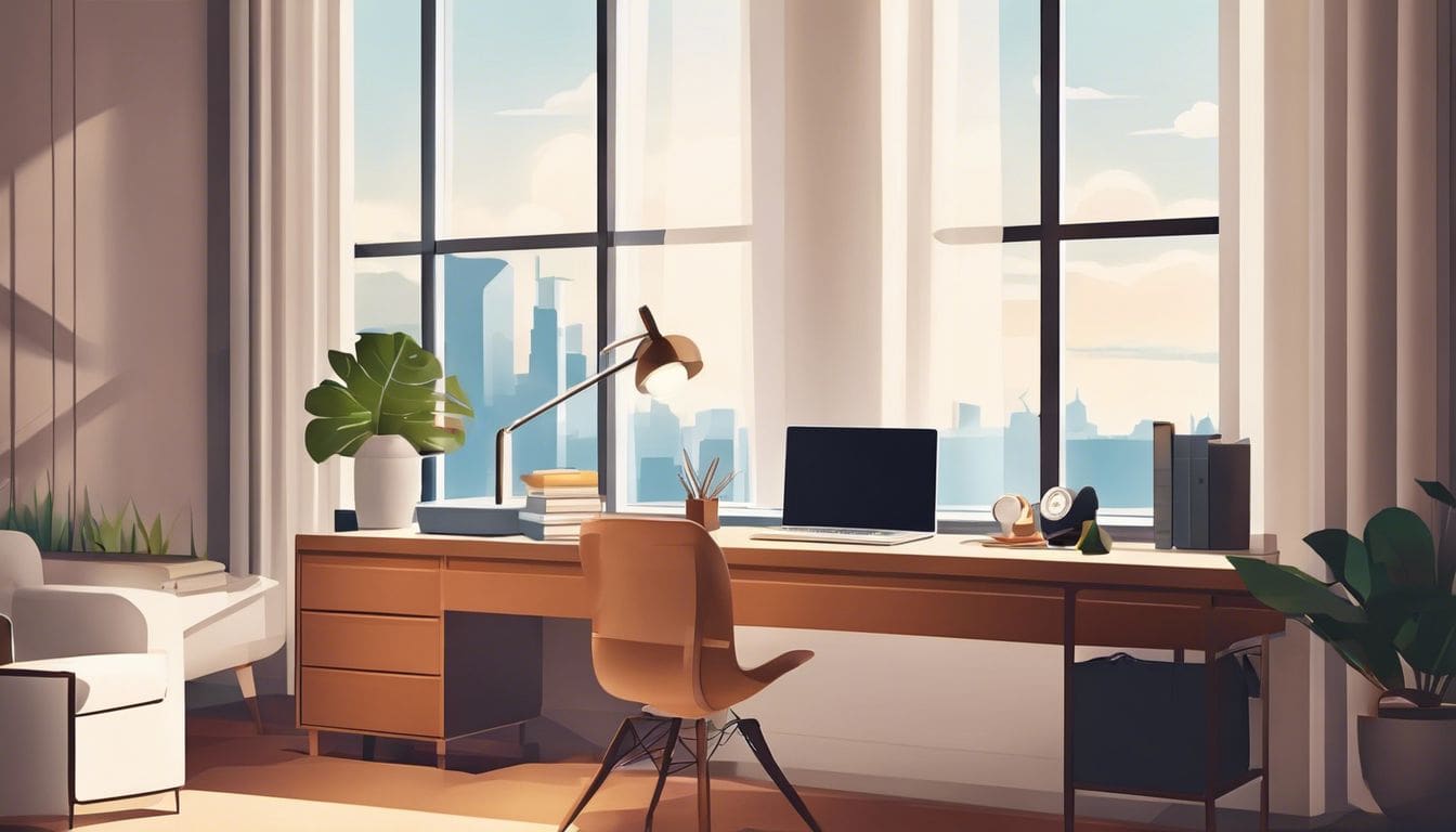 Een modern ingerichte hotelkamer met een netjes georganiseerd werk bureau. Een modern ingerichte hotelkamer met een netjes georganiseerd werk bureau.