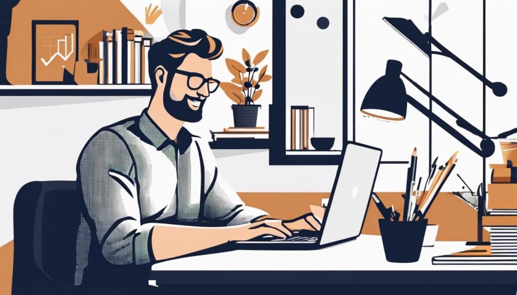 Een kleine ondernemer beheert financiën op een laptop in een comfortabel kantoor.