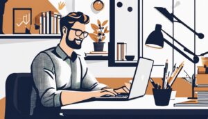 Een kleine ondernemer beheert financiën op een laptop in een comfortabel kantoor.