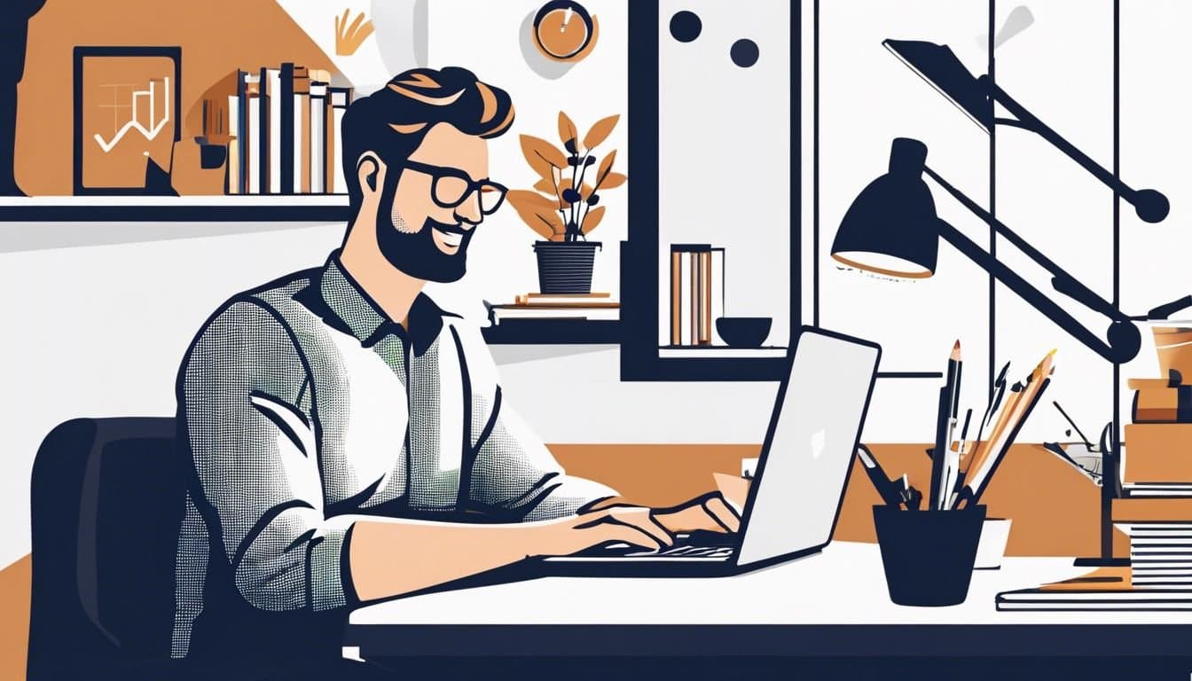 Een kleine ondernemer beheert financiën op een laptop in een comfortabel kantoor.