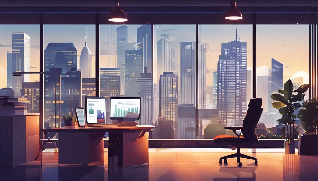 Een tevreden ondernemer werkt aan financi&euml;n in een moderne kantooromgeving.